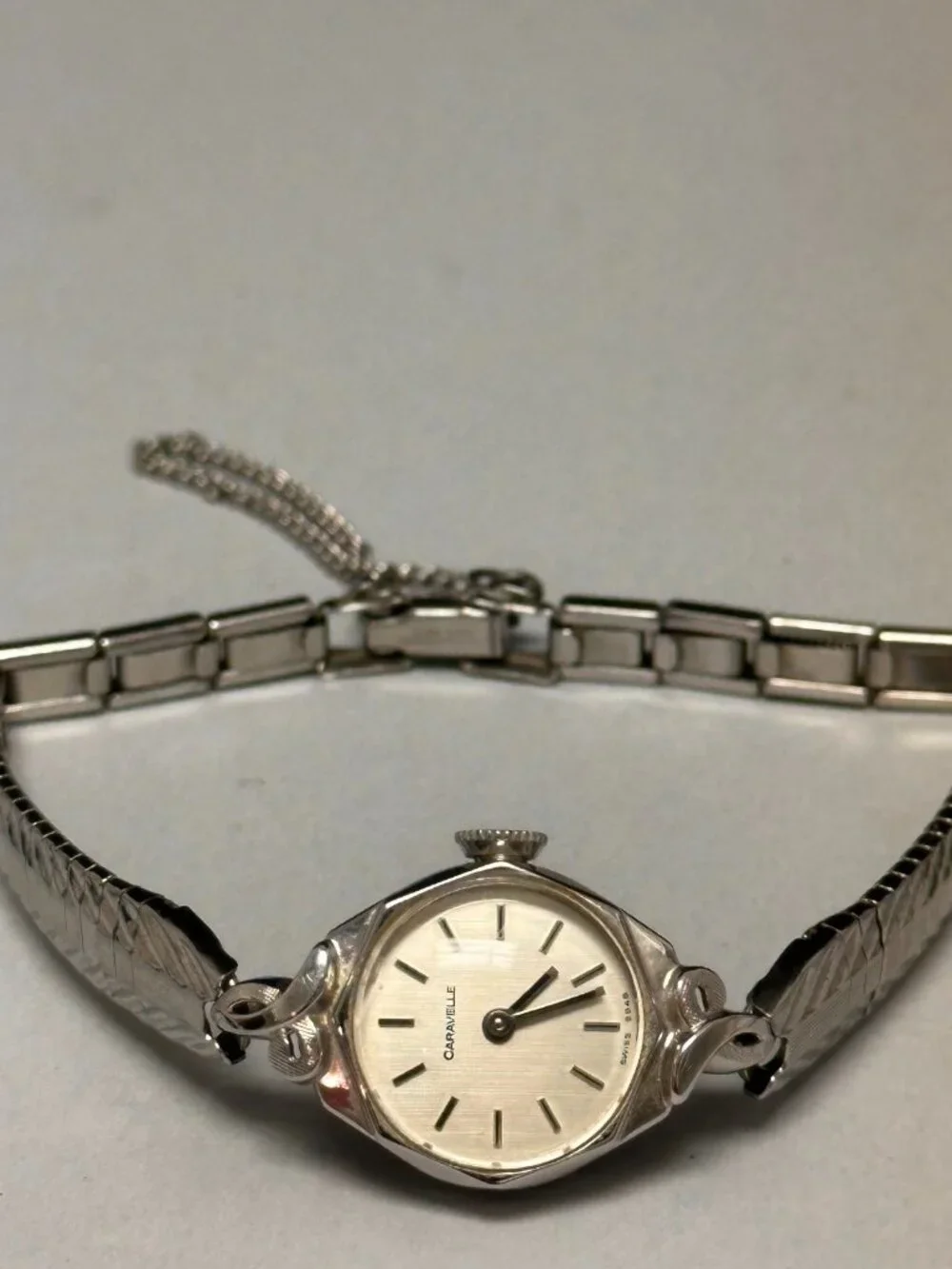 Caravelle Watch Silver Tone Small Dial 16MM Dainty Safety Chain Manual Wind